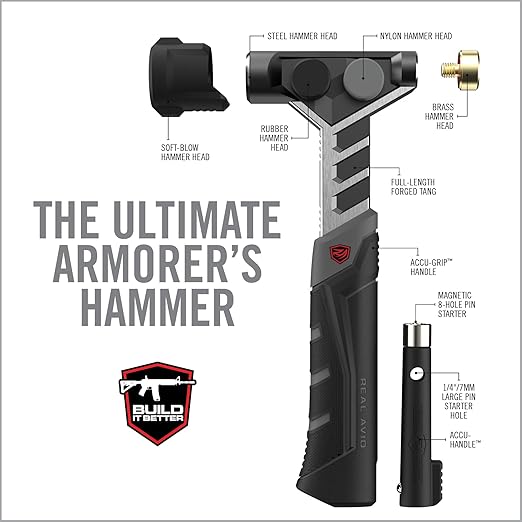Real Avid Armorer's Master Hammer - 20 Ounce 9-1/2" Hammer with Changing Heads Including Soft Blow, Steel, Rubber & Brass Head + Magnetic Pin Starter