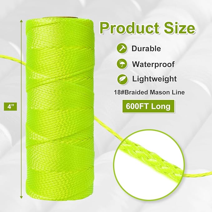 Mason Line 6 Pcs, 600 Ft Length Nylon Twine, 18 Braided Nylon String for Gardening Or Masonry Tools, Yellow