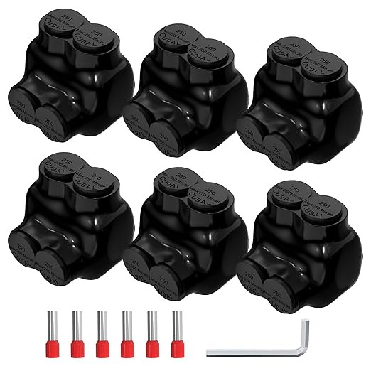 Joinfworld 2 Port Insulated Multi Tap Connector 250MCM-6 Gauge Wire Connectors Single Side Entry Aluminum to Copper Wire Connectors UL Listed with Slotted Allen Hex - 6 Pack