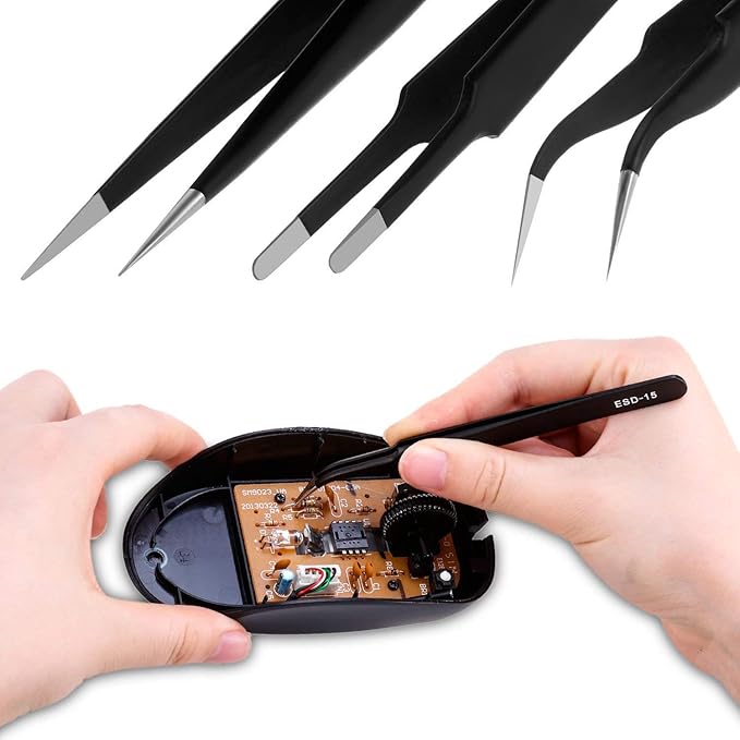 Tweezers Precision Set,Easily Life 10pcs ESD Tweezers Set, Anti Static Stainless Steel Anti Magnetic Tweezers Set with Storage Bag for Craft,Electronics Repair,jewelry repair,Laboratory Work,etc