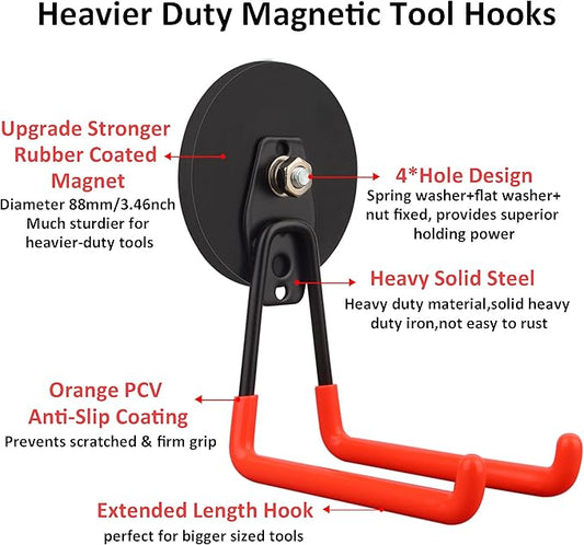 ULIBERMAGNET Magnetic Hooks,Heavy Duty Magnet Hook,Large Manget with Hooks for Hose,Jig Saw,Circular Saw,Workshop Organization,2 Pack Tool Hooks for Hammer Drill,Garden Tool(3.46inch/Orange)