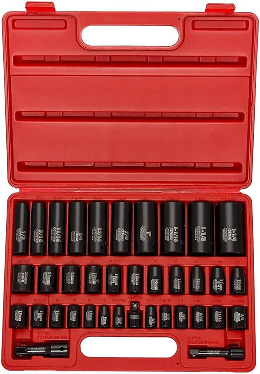 NEIKO 02443A 3/8" and 1/2" Drive Master Impact Socket Set | 38 Piece | Standard SAE (Inch) and Metric (mm) Sizes Below | Deep and Shallow Kit | Cr-V Steel | Includes Duometric Sockets