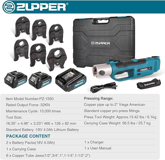 ZUPPER Standard Pro Press Tool kit with 6 Copper Pro Press Jaws 1/2" to 2", 2pcs 4AH Battery, Fast Charger & Carrying Case