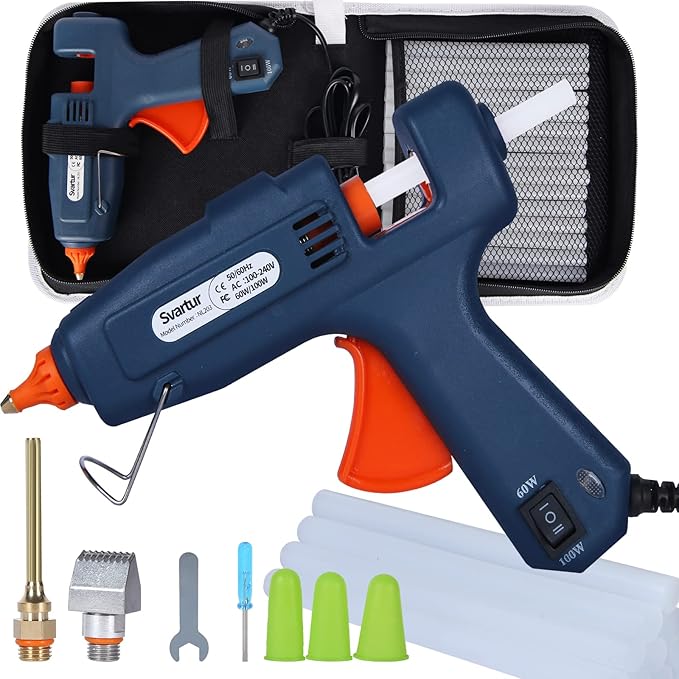 Full Size Hot Glue Gun with Case, 60W/100W/OFF Switch, 9.8ft Extra-long Power Cord Industrial Glue Gun with 2 Nozzles, 15 Glue Sticks, Dual Power High Temp Hot Melt Glue Gun Large for Craft, Deep Blue