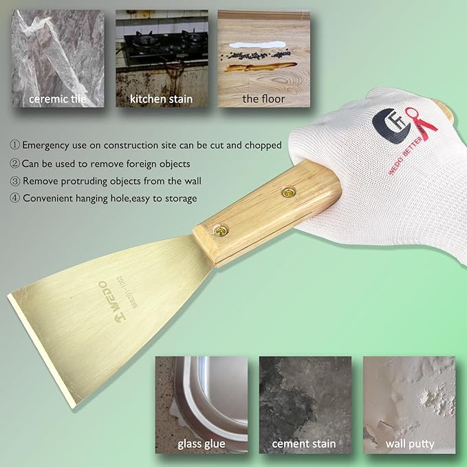 WEDO Brass Putty Knife,3" Paint Scraper,Length 12",Safety Scraper Tool,Spackle Knife,Long Wood Handle,Brass Material,Taping Knife Tool for Repairing Drywall, Removing Wallpaper, Applying Putty