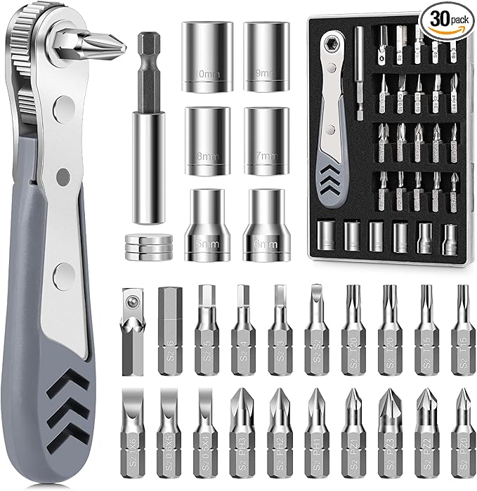 30in1 Right Angle Screwdriver, 36-Tooth Mini Ratchet Wrench, Angle Screwdriver for Tight Spaces, Low Profile Offset screwdrivers, Magnetic Ratchet Screwdrivers Repair Tool
