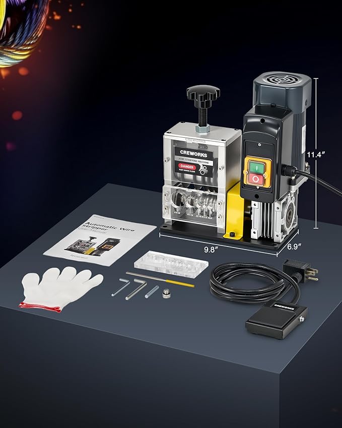 CREWORKS 180W Motor Automatic Wire Stripper Machine, 5 Blade Electric Wire Stripping Machine for 0.06"-1.18" (1.5-30 mm) Scrap Wire with 2 Feed Plates Foot Pedal Switch Sharpening Rod