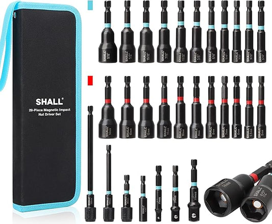 SHALL 29PCS Magnetic Nut Driver Set, Impact Drill Driver Bit 1/4" Hex Shank, SAE & Metric Cr-V Steel Power Nut Drivers with Quick-release Extensions, Impact Socket Adapters, Bit Holder and Storage Bag