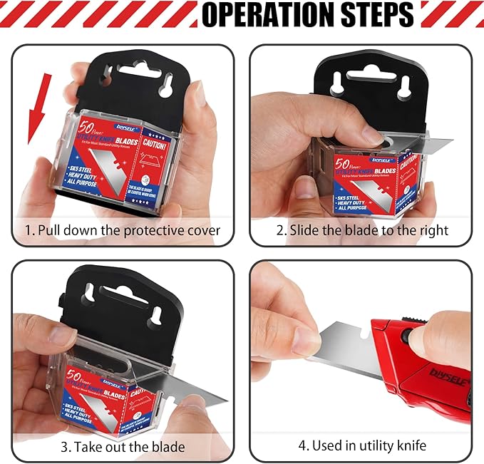 DIYSELF 50 Pack Utility Knife Blades, SK5 Steel Box Cutter Blades with Dispenser, Standard Blades for Box Cutter Utility Knife Replacement, Sharper Utility Blade, Refills