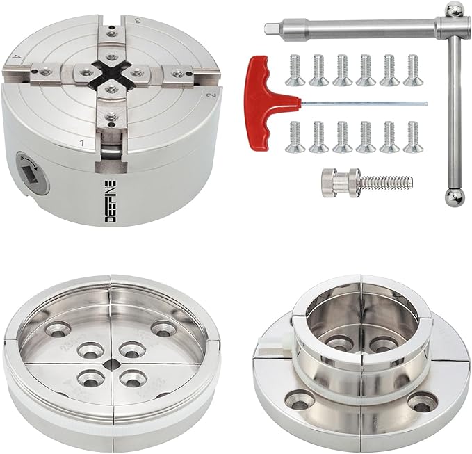 4 Inch Wood Lathe Chuck Set 1-1/4"- 8 tpi thread, Nickel Plated Self Centering 4 Jaw Wood Turning Chuck set (2PCS jaws)