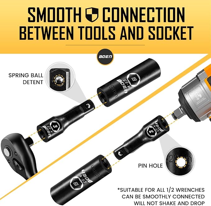 boen 8mm-32mm 1/2??Drive Metric Socket Set, Impact Deep Socket, 6 Point Lug Nut Socket for Auto Repair with Portable Case, CR-V Steel, 29PCS