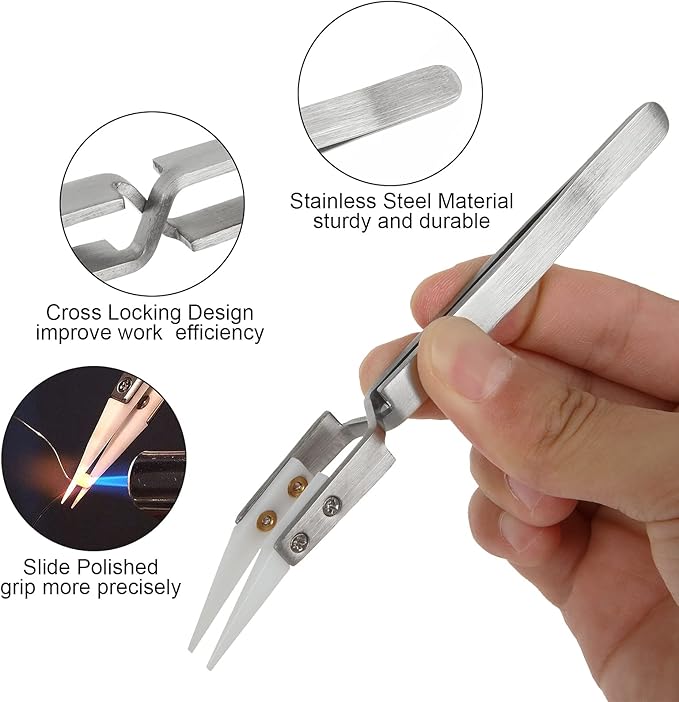 6 Pcs Precision Ceramic Reverse Solder Tweezers, Non-Conductive, Anti-Magnetic Pointed & Curved Tips Tweezers Set, Cross Lock Fiber Grip Soldering Tool, Heat-resistant Electronics Tweezers