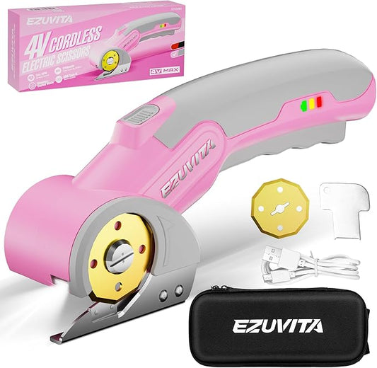 4V Cordless Electric Scissors with LED Light, Rechargeable Cardboard Box Cutter, Wrench & Titanium-Coated Replacement Blade for Fabric, Leather, Carpet & Plastic(Pink & Grey)
