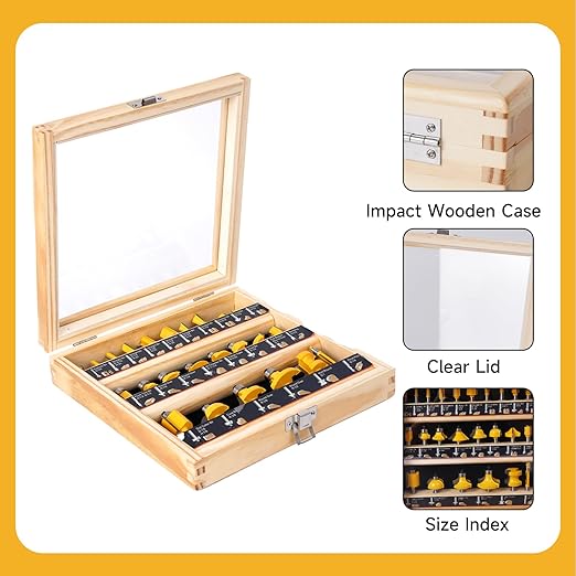 24-Piece Tungsten Carbide Tipped Router Bit Set, 1/4 Shank, Visible Wooden Storage Case with Size Index, for Woodworking Beginners & Professionals