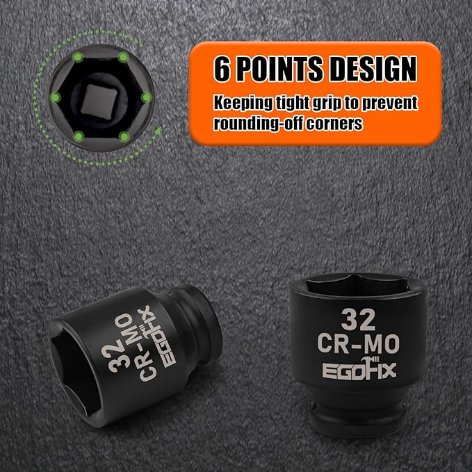 1/2" Drive Standard Impact Socket, 32mm Metric Socket, Axle Nut Socket Heat-Treated CR-MO Anti-Rounding 6 Point for Easy Removal of Axle Shaft Nuts