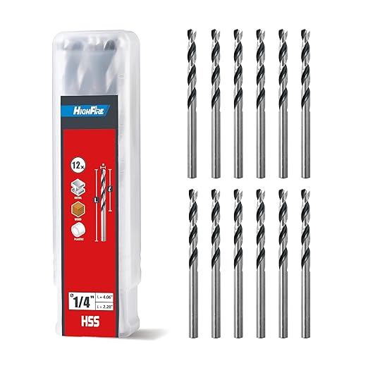 HIGHFIRE 1/4" Jobber Length Drill Bits, Pack of 12 pcs, High Speed Steel Twist Drill Bit with Storage Case, 135 Degree Tip for Wood, Metal, Steel, Plastic, Aluminum Alloy