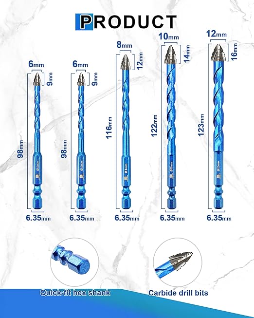 Serrated Carbide Masonry Drill Bit Set 1/4",1/4",5/16",3/8",1/2" - Wood Drill Bits for Wood/Plastic/Masonry/Ceramic Tile Hex Shank Drills