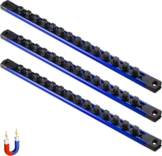 ALOANES 3-Piece Magnetic Socket Organizer, Heavy Duty Aluminum Socket Rails Organizer, 360째 Swivel Clips Socket Rail Set For Sockets Storage, 3/8-Inch Socket Holder x 42 Clips (Blue)