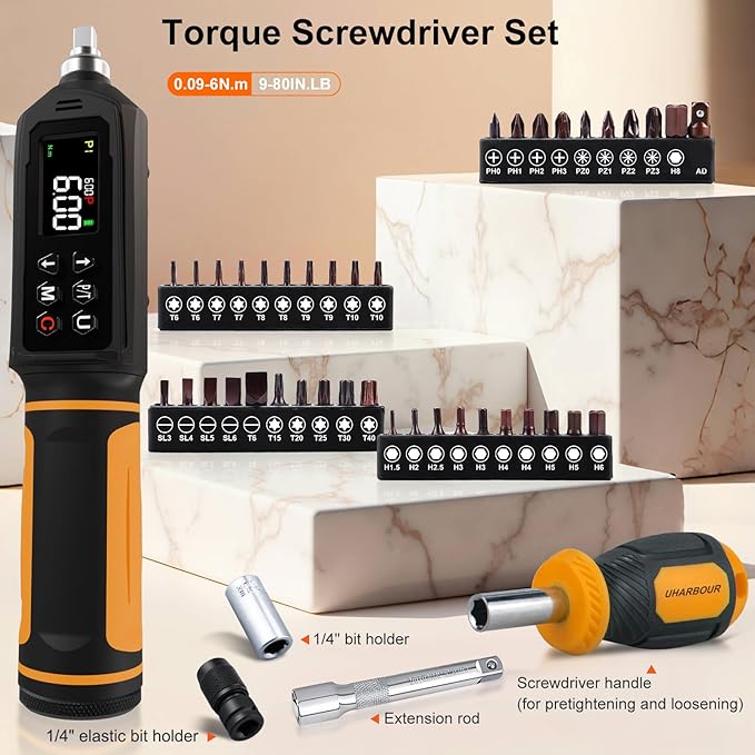 Digital Torque Screwdriver 0.09-6Nm, Torque Screwdriver Set with 1/4" Elastic Bit Holder, Exension Rod, Flat, Hex, Torx and Philips Bits, Suitable for Gunsmithing, DIY, Bicycle Maintenance