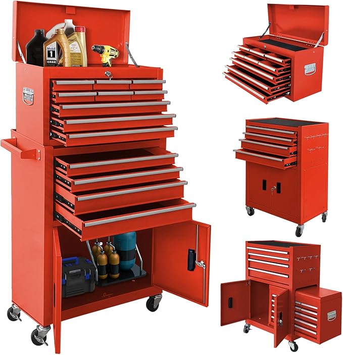13-Drawer Rolling Tool Chest with Double Doors, 2 in 1 Detachable Rolling Tool Chest with Drawers, Metal Large Lockable Tool Box竊똌obile Tool Cabinet Combo for Garage Workshop (Red)