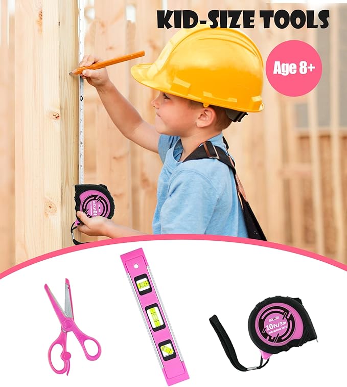 DOWELL 14 Pieces Kids Real Tools Pink Tool Set竊똖ool Kit with Storage Bag for Boys, Girls, Children DIY Building and Woodworking, Age 8+