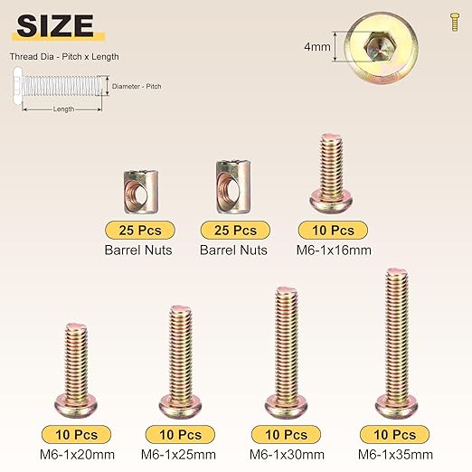 METALLIXITY Crib Screws Replacement Set(M6-1x16/20/25/30/35mm) 100Pcs, Connector Bolt M6 Screw Barrel Nuts Binding Screws, for Chair Cabinet Bed, Yellow
