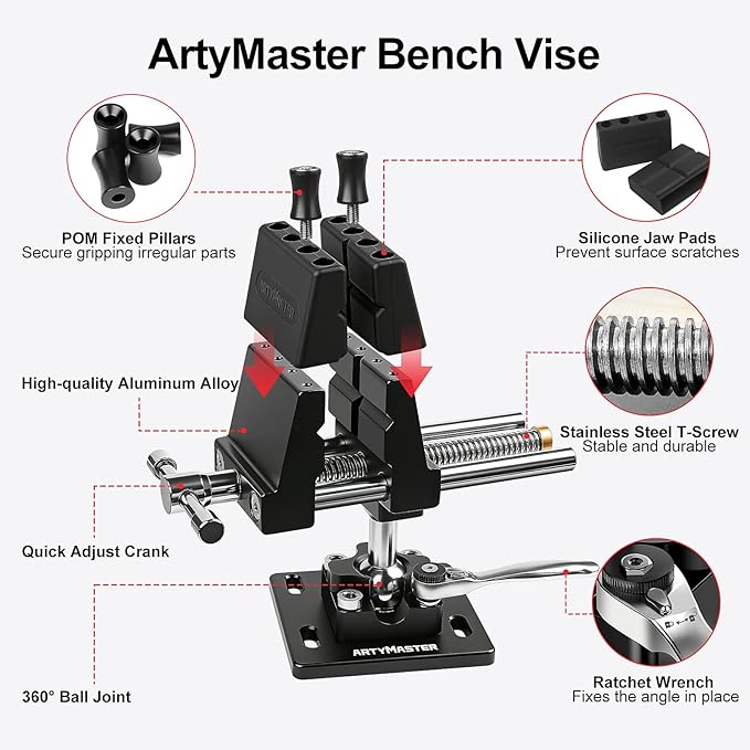 ArtyMaster Vise 4-Inch 360째 Ball Joint Swivel Bench Vise, Heavy Duty Aluminum Workbench Vise with Quick Ratchet Lock, Silicone Jaw Pads, Ideal for Woodworking, Repair & DIY Projects (WT117B)