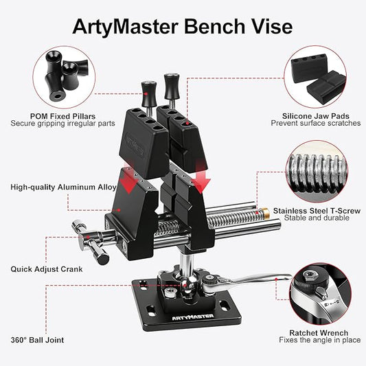 ArtyMaster Vise 4-Inch 360째 Ball Joint Swivel Bench Vise, Heavy Duty Aluminum Workbench Vise with Quick Ratchet Lock, Silicone Jaw Pads, Ideal for Woodworking, Repair & DIY Projects (WT117B)