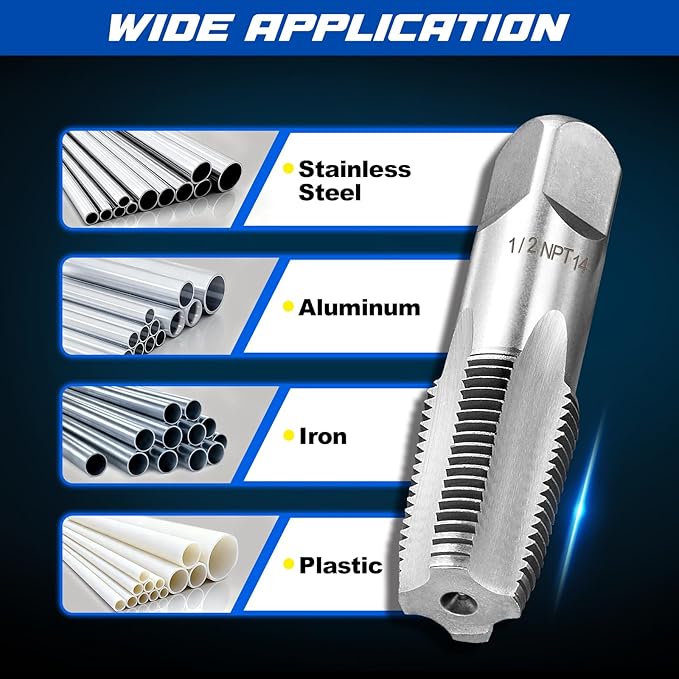 Toolwiz 6Pcs NPT Pipe Tap Set, 1", 3/4", 1/2", 3/8", 1/4", 1/8" Professional Taps Kit, Pipe Thread Cutting Tool with 4-Straight Flute Cutting Design, Alloy Steel NPT Tap Set with Storage Case