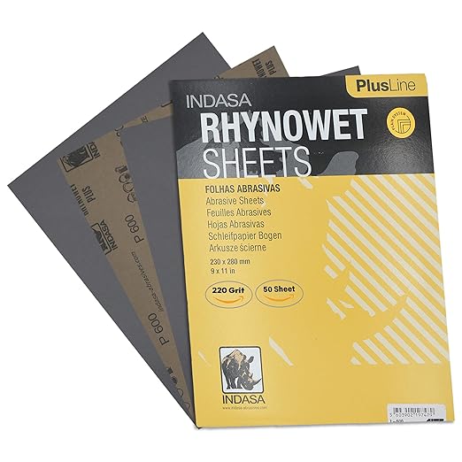 Indasa 50 PCS 9x11??Wet & Dry Sandpaper Sheets, 220 GRIT, Clog-Resistant Abrasive for Wood, Metal, Auto, Paint & Clear Coat Finishing, Sand Paper Aluminum Oxide, Plusline
