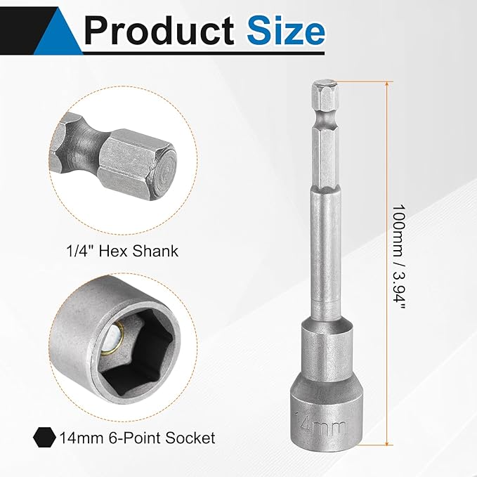 HARFINGTON 2pcs Nut Driver Drill Bit 14mm Metric Socket 1/4" Hex Shank 3.94" (100mm) Long Magnetic 6-Point Sockets Quick Change CR-V Steel Bolt Setters for Power Drill Drivers