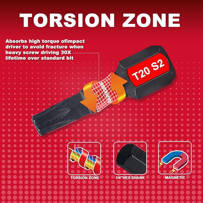50 Pieces T20 1 In. Impact Tough Magnetic #20 Torx Head Power Bits, S2 Alloy Steel T20 Screwdriver Bits Set with 1Pcs Impact Bit Holder