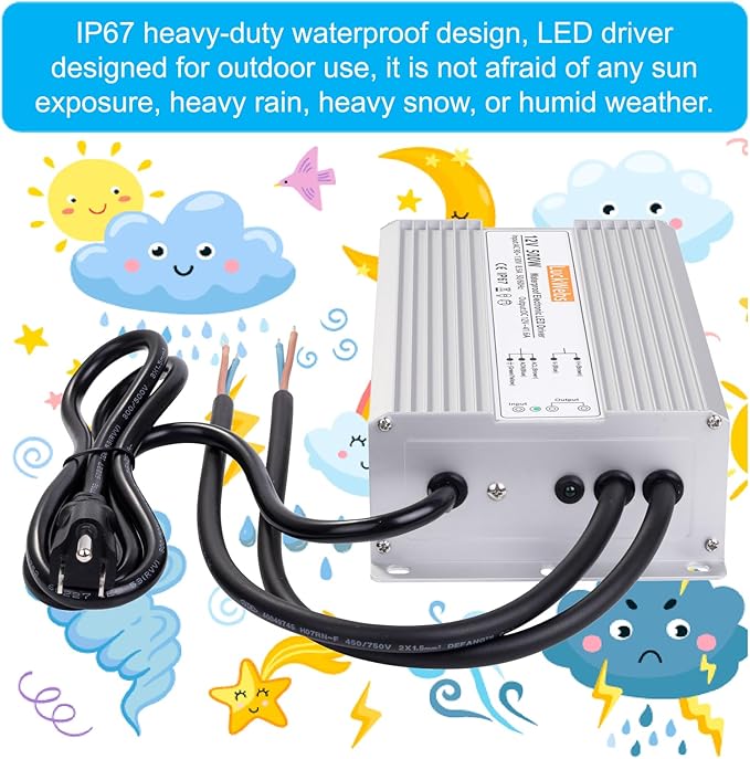 LED Driver 12V500W Waterproof Power Supply AC 90-130V to DC 12V41.6A Low-Voltage IP67 Switching Power Supply LED Strip Outdoor Light Box Waterproof Transformer
