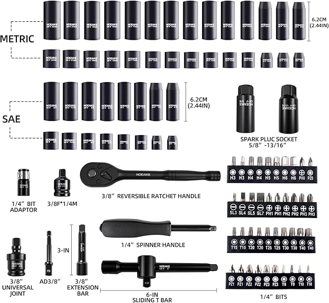 95Pcs 3/8-Inch Drive Impact Socket Set,Cr-V Deep&Shallow Sockets Size 8mm-22mm&5/16"to 3/4"6-Point,Includes Extension Bar,Universal Joint,Screwdriver Bits,Spark Plug Socket and Ratchet Handle