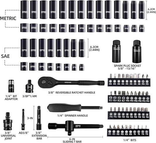 95Pcs 3/8-Inch Drive Impact Socket Set,Cr-V Deep&Shallow Sockets Size 8mm-22mm&5/16"to 3/4"6-Point,Includes Extension Bar,Universal Joint,Screwdriver Bits,Spark Plug Socket and Ratchet Handle