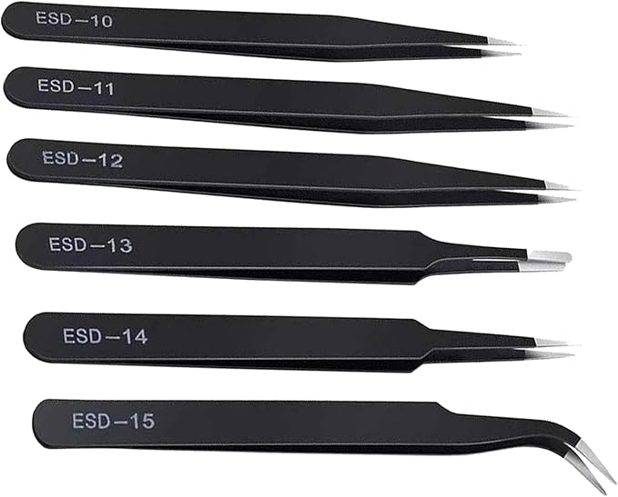 6Pcs ESD Tweezers Set Precision Tweezers Set ，Anti-Static Stainless with Storage Canvas Bag，for Craft,Electronics Repair,jewelry repair,Laboratory Work Etc