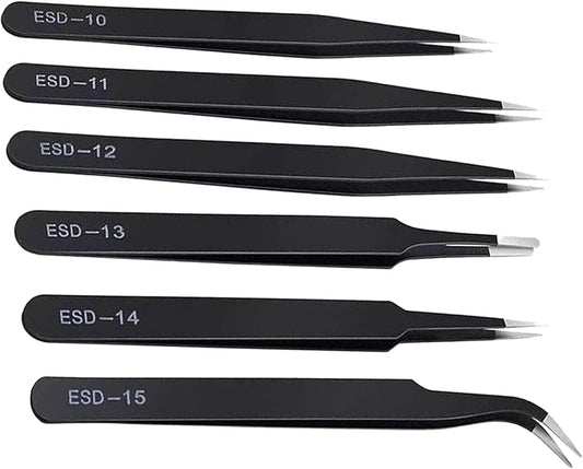 6Pcs ESD Tweezers Set Precision Tweezers Set ，Anti-Static Stainless with Storage Canvas Bag，for Craft,Electronics Repair,jewelry repair,Laboratory Work Etc