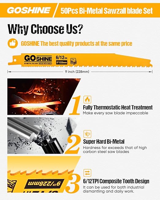 50 Pack 9 Inch 6/12TPI Reciprocating Saw Blades,Stud and Nail Saw Blades, 9" High Strength Bi-Metal Saw Saw Blades Wood and Nail-Embedded Wood, Metal,PVC, Pallets etc,with Storage Box