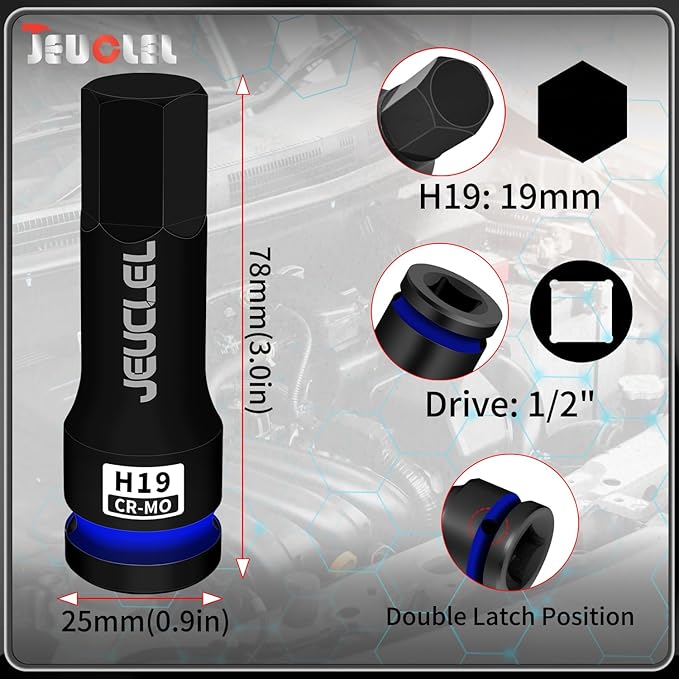19mm Hex Impact Bit Socket, H19 1/2-Inch Impact Drive Allen Socket, Cr-Mo Steel Lengthen Hex Screwdriver Adapter for Electric Ratchet Wrenches Fastening Screws