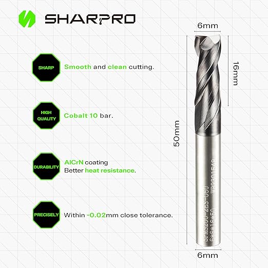 6MM End Mills 6MM Shank, 2 Flute Carbide Square Endmill with AlCrN Coated, Upcut Spiral CNC Router Bits for Alloy Steel, Metal and Stainless Steel（5PCS）