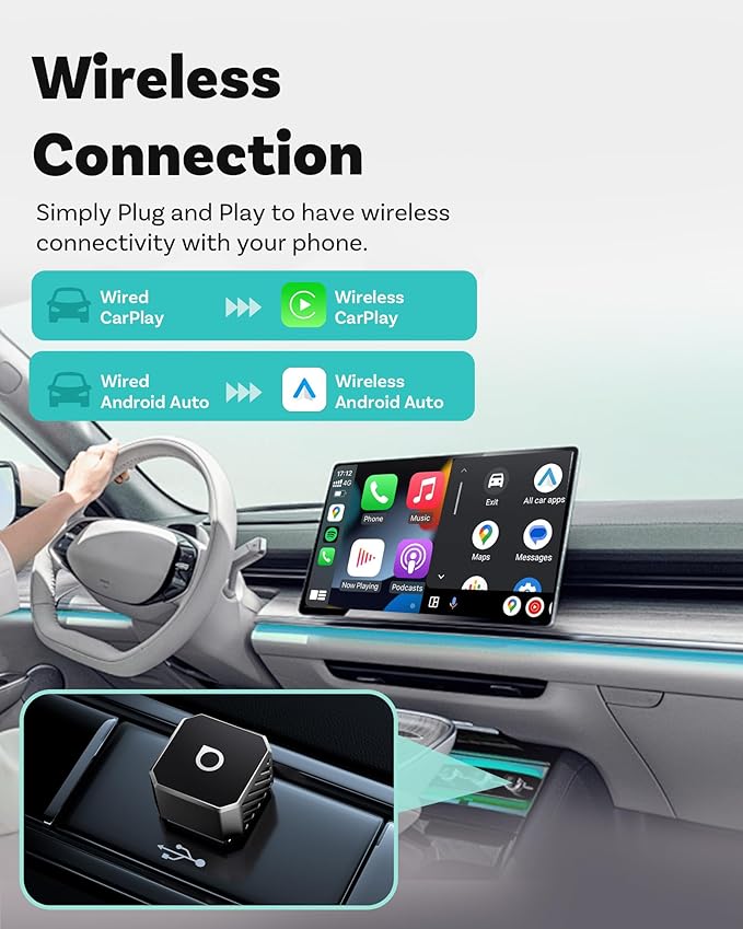 OTTOCAST Mini 3.0 Black 2-in-1 Wireless CarPlay & Android Auto Adapter ??Plug & Play for iPhone/Android, Dual-Phone Memory, Dual-Band WiFi (2.4/5GHz), Auto-Reconnect