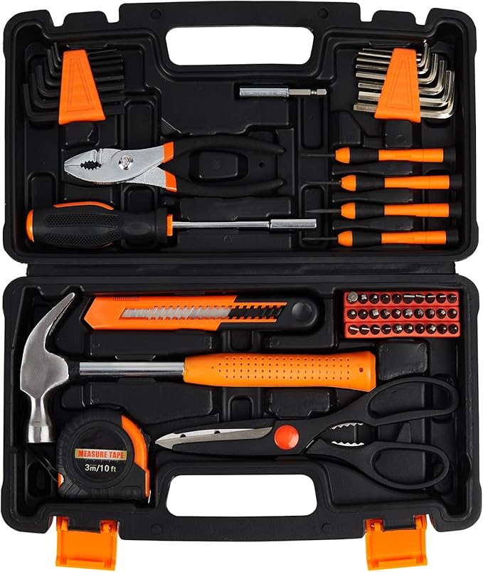 PioneerWorks Portable Small Tool Kit, 57 Piece General Household Hand Kit, Tool Set with Plastic Toolbox Storage Case Blue for Home Maintenance