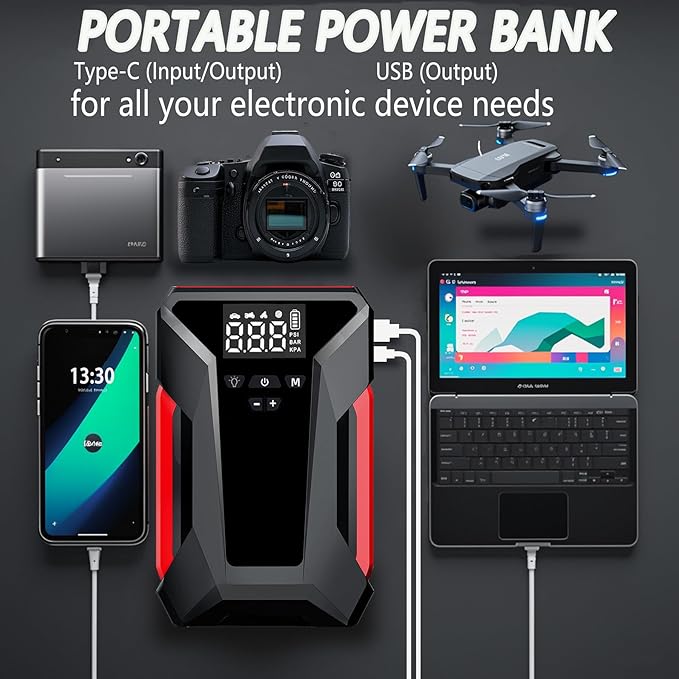 Car Jump Starter with Air Compressor, 4000A Portable Car Battery Jump Starter (8L Gas/6L Diesel), 12V Battery Charger Booster,150PSI Auto-Shutoff Tire Inflator, Portable Jumper Cables