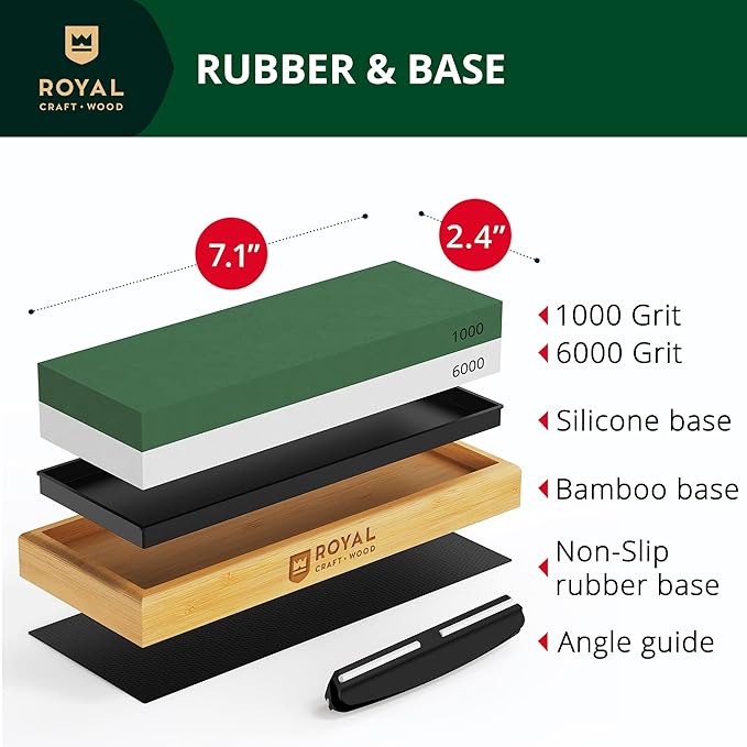 Universal Knife Sharpening Stone w/Dual Grit 1000/6000 for Kitchen Knife Set, Chef Knife, and more - Whetstone Sharpening Kit with Angle Guide, Non-Slip Silicon and Bamboo Bases by ROYAL CRAFT WOOD