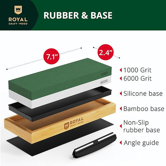 Universal Knife Sharpening Stone w/Dual Grit 1000/6000 for Kitchen Knife Set, Chef Knife, and more - Whetstone Sharpening Kit with Angle Guide, Non-Slip Silicon and Bamboo Bases by ROYAL CRAFT WOOD