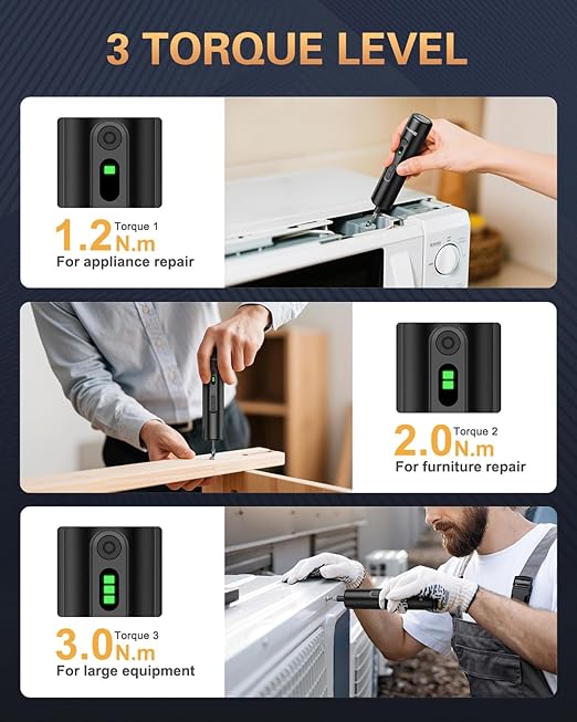 Electric Screwdriver, Rechargeable Cordless Power Screwdriver, 3 Torque Settings, Max 5 N.m, 1/4'' 6 Double-Ended Bits, 1500mAh Battery, LED Lights, Repair Tool for DIY Furniture Electronics