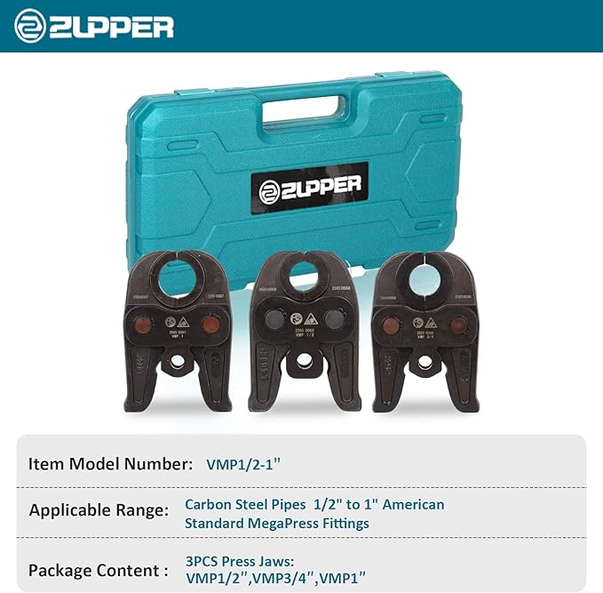 ZUPPER 3PCS MegaPress Jaws Kit with 1/2" to 1" for Carbon Steel Pipes Compatible with Standard Press Tools Hydraulic Pressing Tools