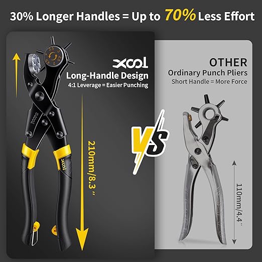 XOOL Upgraded Long Handle Leather Hole Punch Set, Punch Pliers with Effort-Saving Design, Ideal for Belts, Shoes, Saddles & DIY Leather Work