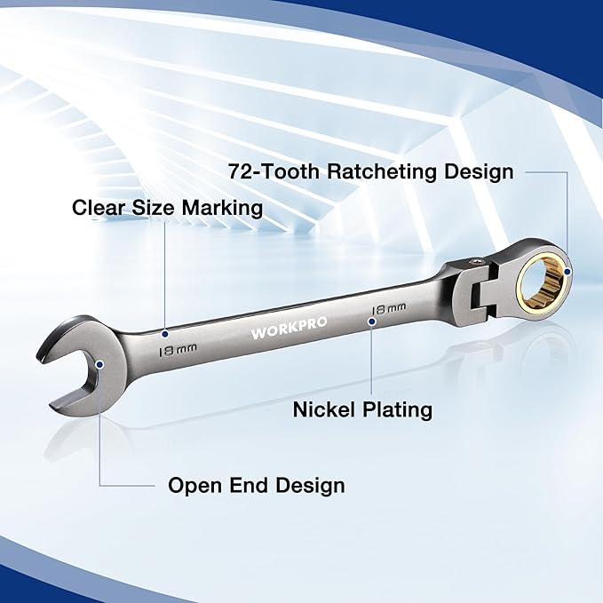 WORKPRO 22-Piece Flex-Head Ratcheting Wrench Set, Ratchet Combination Wrench Sets with Organizer Box, Nickel Plating, 72 Teeth, Metric 6-18mm & SAE 1/4-3/4"