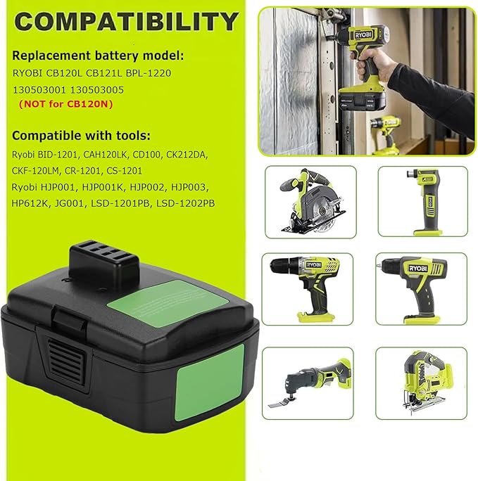 12V 3Ah Battery and Charger Compatible with RYOBI CB120L CB121L BPL-1220 130503001 130503005,BS12CA BID-1201 CAH120LK CD100 BID-1201 for RYOBI 12V Battery
